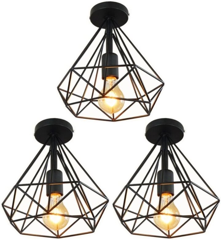 3 Stücke Vintage Industrie Deckenleuchte Käfig Deckenlampe Semi Flush Mount Wohnzimmerlampe Schwarz Ø25cm