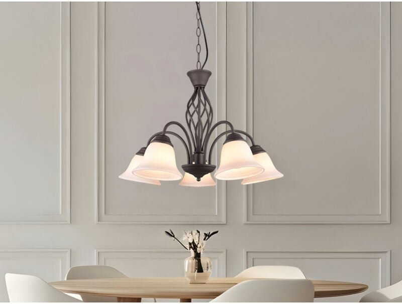 Pendelleuchte rustica 5-flammig in Rostoptik mit Glasschirmen, ø 60cm