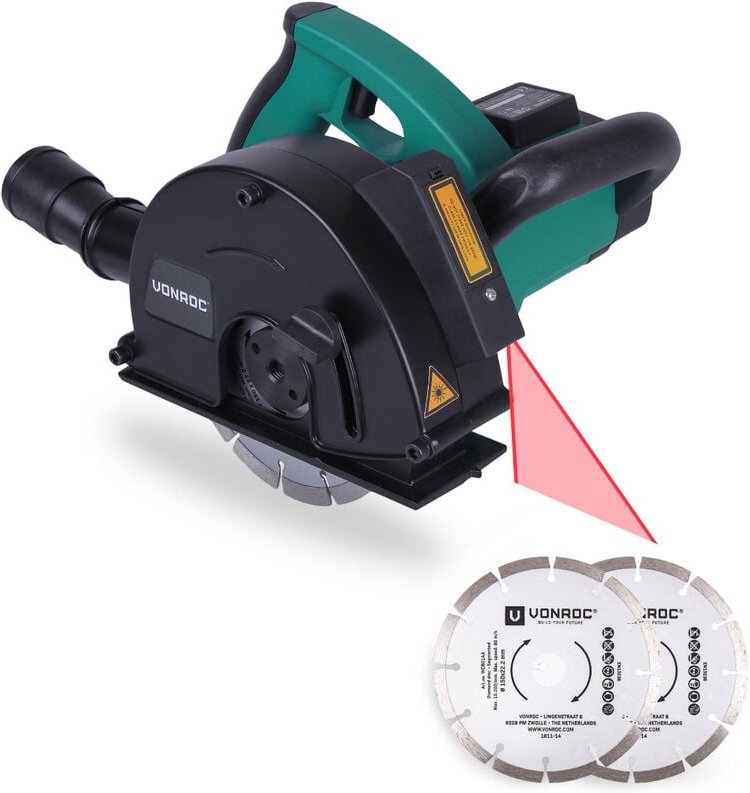 Vonroc - Mauernutfräse mit Laser - 1700W - 150mm - Inklusive 4 Diamantscheiben, Staubsaugeradapter und Aufbewahrungsbeut...