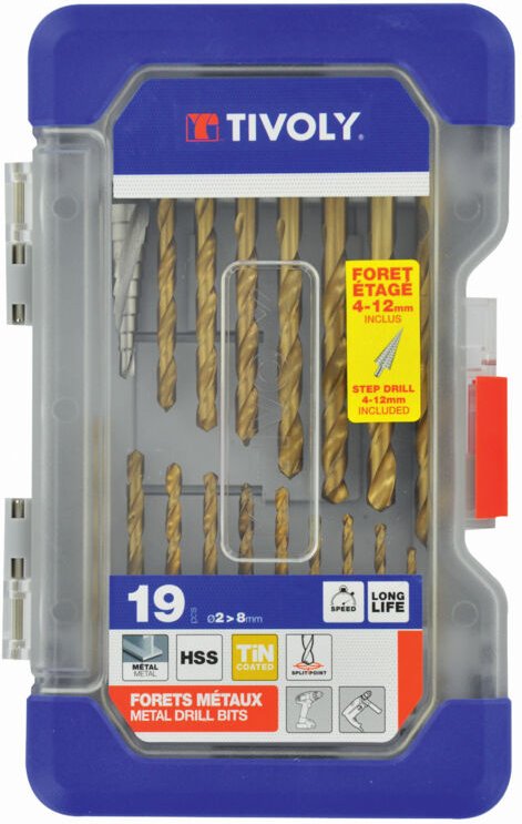 Ranger-Box 19 Stück – 18 TiN-beschichtete laminierte Metallbohrer ø 2 bis 8 mm + 1 Stufenbohrer - Tivoly