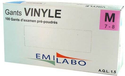 Vinyl-Box von 100 pre-gepuderten Handschuhe Größe M / 7-8 EMILABO