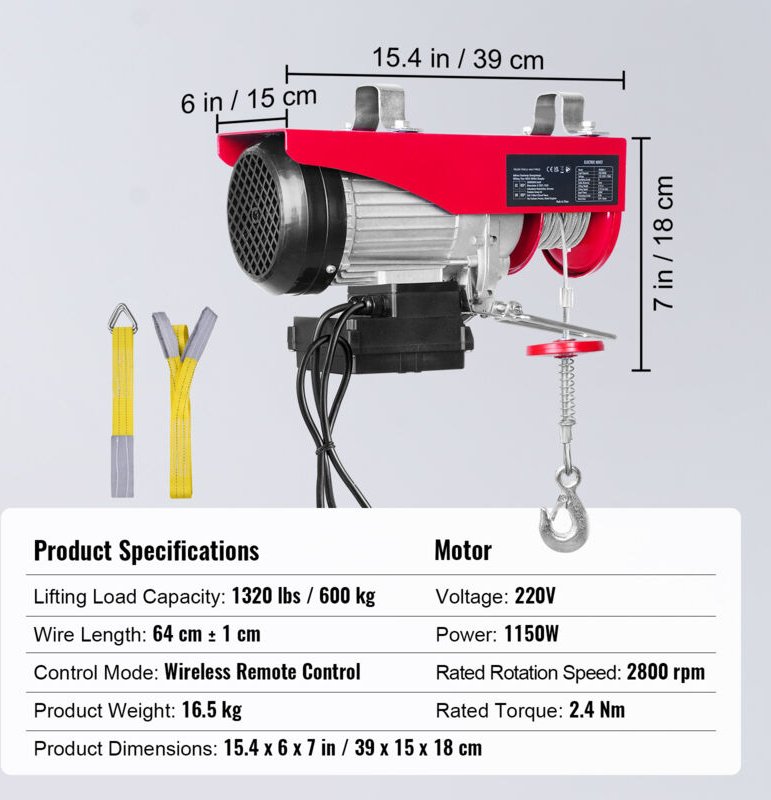 Elektrisches Hebezeug, 1320 lbs, 1150 w, 220 v, Stahldrahtseilwinde, kabellose Fernbedienung, 40 Fuß Hubhöhe, Motor aus ...
