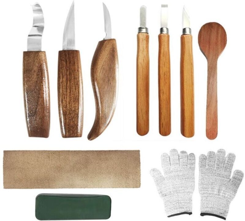ZVD - 10pcs Outils Sculpture sur Bois, Kit Sculpture Bois avec 3 Ciseaux à Bois, 3 Couteau Sculpture Bois,Gants, Profess...