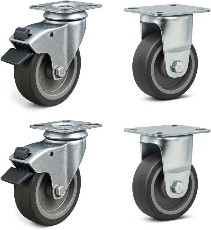 Transportrollen Set 75mm 2x Lenkrolle mit Bremse und 2x Bockrolle, mit Anbauplatte, 75kg pro Rad - Wiltec