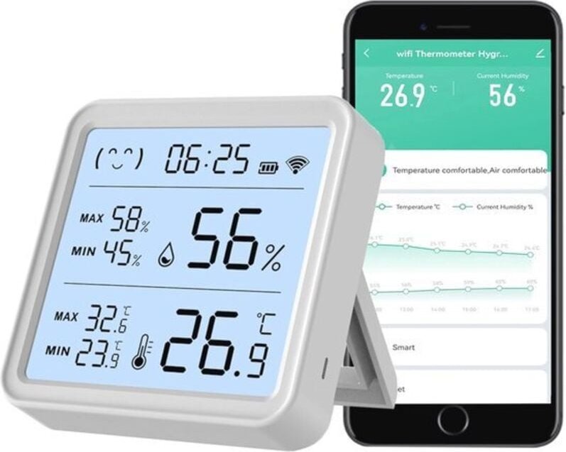 Intelligenter WLAN-Temperatur- und Feuchtigkeitssensor mit Hygrometer und Uhr – kabellos, LCD-Display, kompatibel mit de...