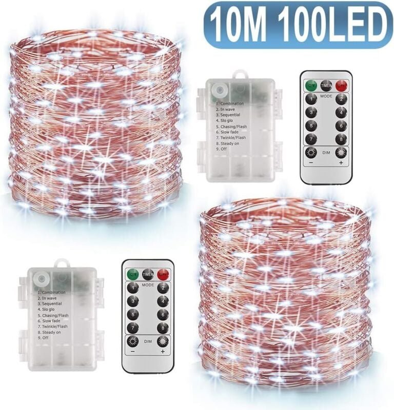 X 10 m LED-Lichterkette mit 100 LEDs, Batterie-Timerfunktion, mit Fernbedienung, IP65 wasserdicht, Innen- und Außendekor...