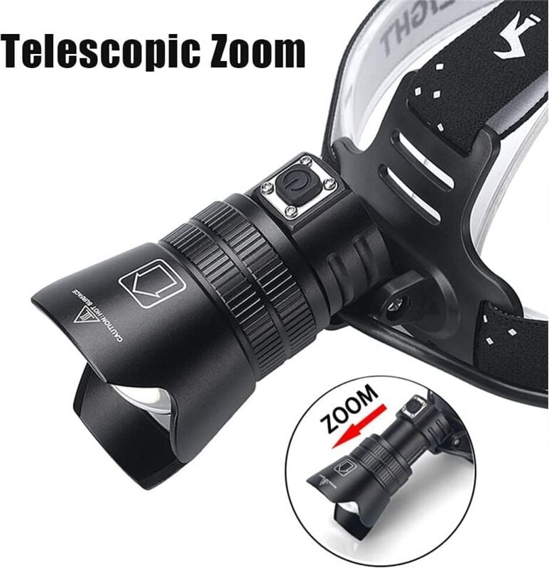 Lampe Frontale LED Rechargeable, ZoomableTorche Frontale avec 3 Modes, Lampe Frontale Étanche pour Chasse, Pêche, Campin...