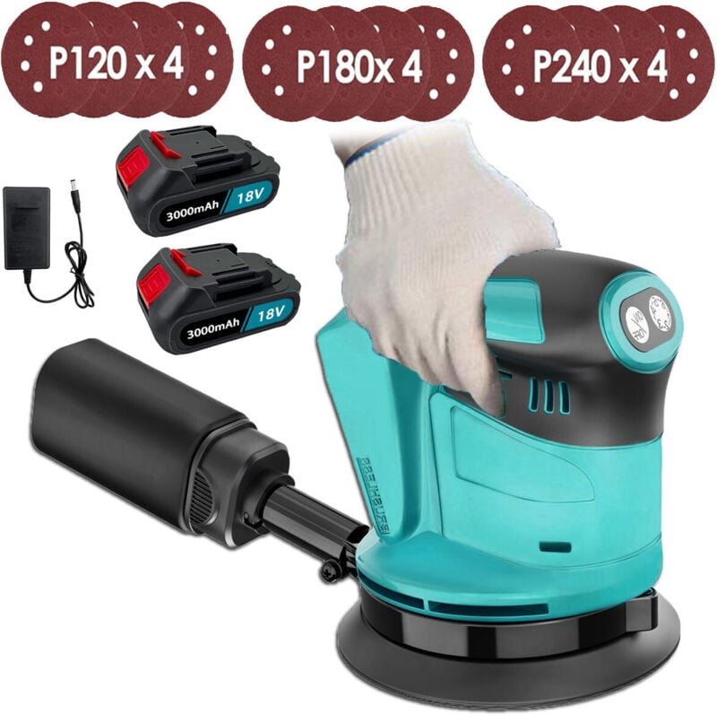 Drahtloser Exzenterschleifer, zufälliger elektrischer Schleifer,mit 125mm 4Pcs Sandpapiere 2X 3000mAh Batterien und Lade...