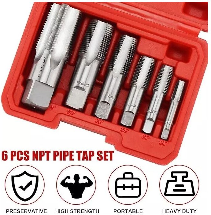 6 Stück NPT-Rohrgewindebohrer, 1 Zoll, 3/4 Zoll, 1/2 Zoll, 3/8 Zoll, 1/4 Zoll, 1/8 Zoll, Handgewindeschneiden aus Kohlen...