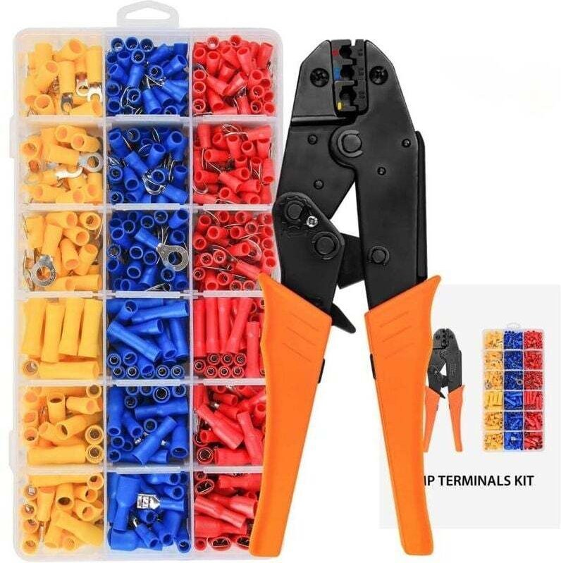 Ratschen-Crimpzange mit 700 Kabelschuhen für Kabelquerschnitte von 0,5–1,5 mm² / 1,5–2,5 mm² / 4,0–6,0 mm²