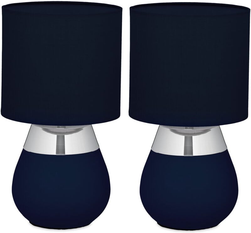 Tischlampe, 2er Set, Metallfuß, Stoffschirm, E14, h x d: 32 x 18 cm, Nachttischlampe mit Kabel, blau/silber - Relaxdays