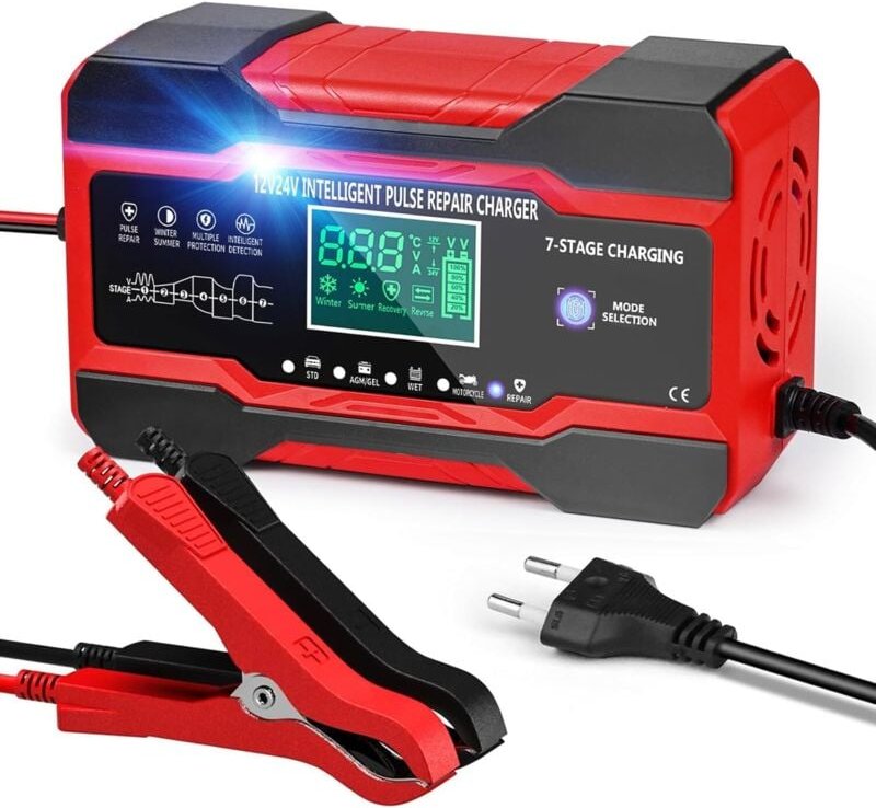 Autobatterie-Ladegerät 10 a 12 V/24 v, intelligentes Ladegerät für Auto, Motorrad, mit Touch-LCD-Bildschirm und 5 automa...