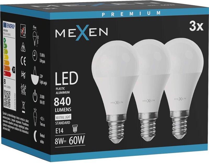 Mexen Nova 3x LED Glühbirne E14, G45, 8W, Neutral - 4000K, 840 lm - L101-E14-0840-01x03