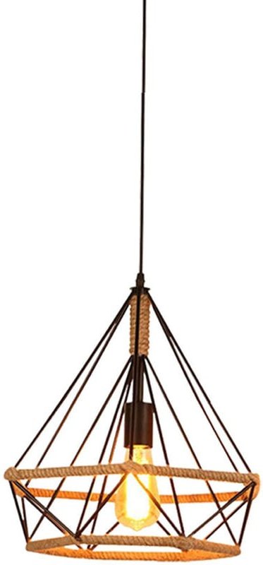 Pendelleuchte Hanf Seil Hängelampe mit Käfig Ø25cm Diamant Form Lampen im Industri Stil für für Wohnzimmer Esszimmer Sch...