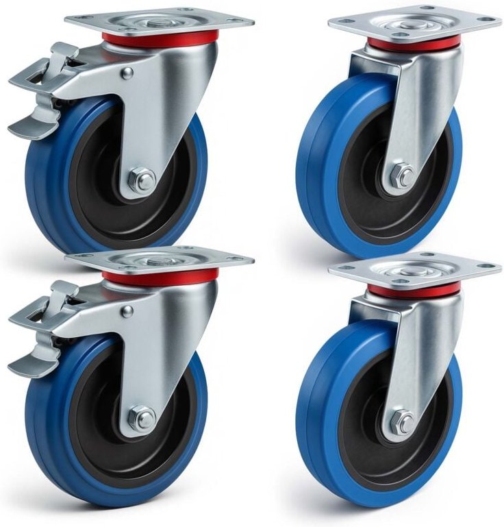 Wiltec Transportrollen Set 200mm 2x Lenkrolle mit Bremse und 2x ungebremst, mit Anbauplatte, 350kg pro Rad