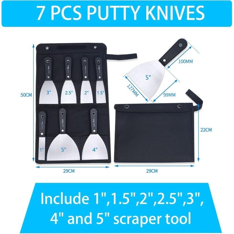 Spatula Set Putty Knife 7 Piece Scratch and Putty Knife Set, Non-Slip Plastic Handle with a Portable Canvas Storage Tool...