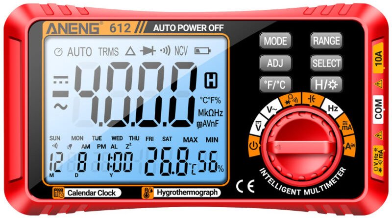 Multimetro digitale intelligente 612, con calendario perpetuo, misurazione di temperatura e umidità, amperometro, voltme...
