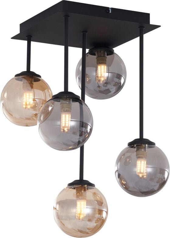 Moderne Deckenleuchte Schwarz mit Bernstein- und Rauchglas 5-flammig - Athen