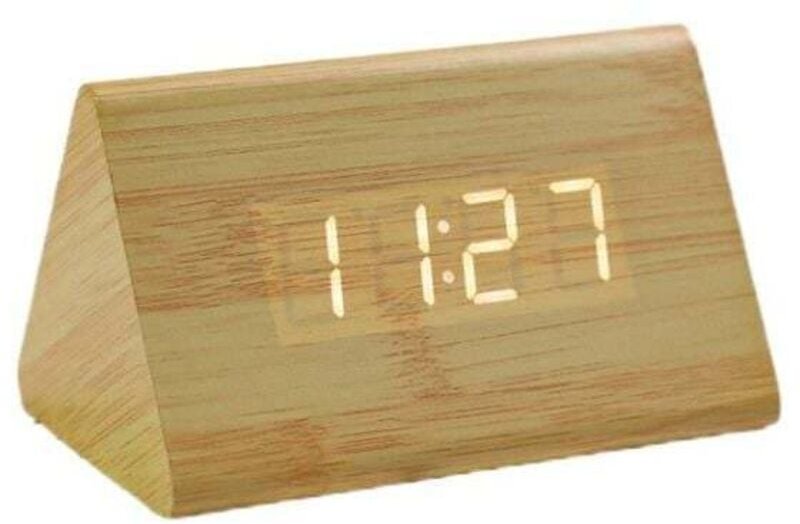 Holz-Digitaluhr, weißes Licht, LED, kreatives Dreieck, Temperatur und Zeit, Bambusfarbe