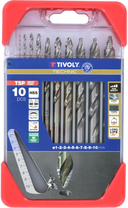 Tivoly - Box mit 10 TSP-HSS-Metallbohrern zum Schneiden und Schärfen von Smart Point ø 1 bis 10 mm