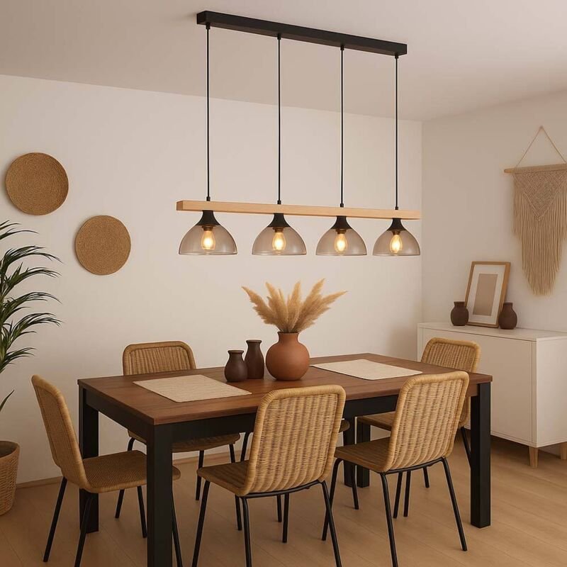 Led Pendelleuchte Holzlampe Hängelampe, 4 flammig, Holzbalken Rauchglas Metall Schwarz-matt, 4x 4W 4x 350lm warmweiß, Lx...