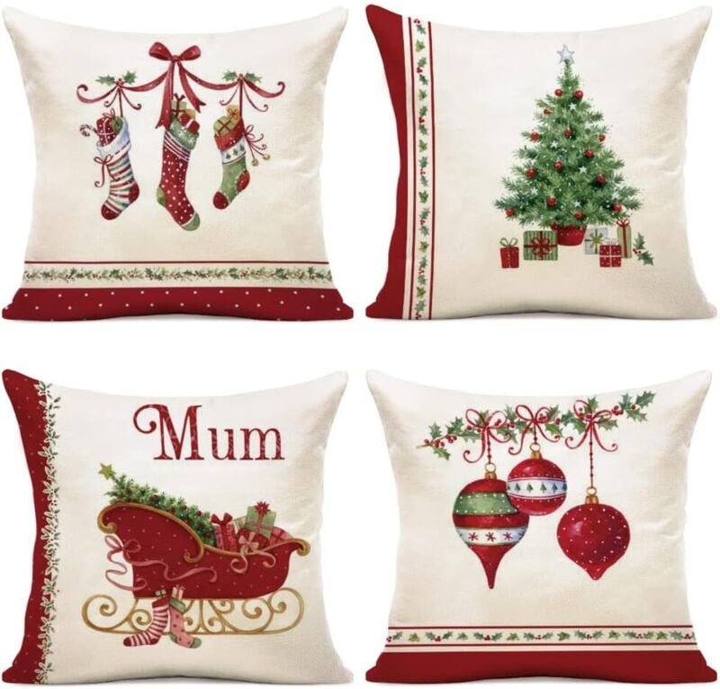 Weihnachtskissenbezug 45x45 4er Set Kissenbezug 45x45 Weihnachtsmann Elch Baumwolle und Leinen Dekorativer Kissenbezug f...