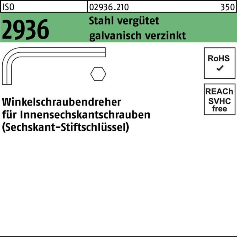 DIN 911/ISO 2936 Winkelschlüssel SW 6 Stahl vergütet galv. verzinkt 50 Stk