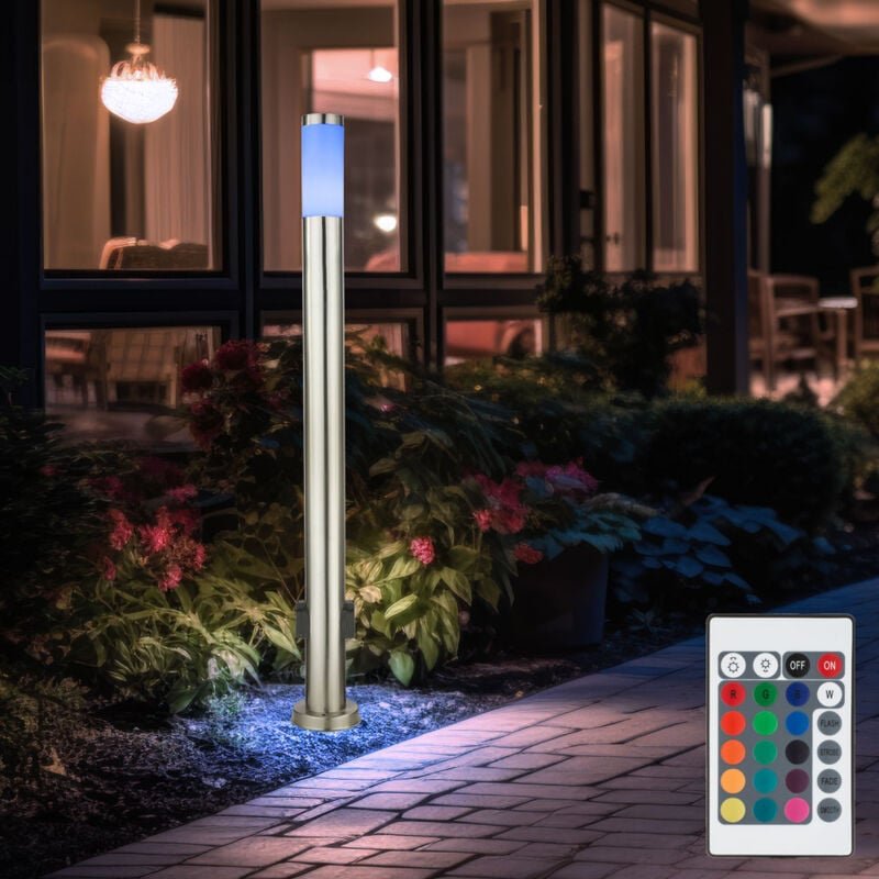 Led Außen Steh Stand Lampe Leuchte edelstahl Garten Beleuchtung Stromverteiler Steckdose dimmer inkl. fernbedienung