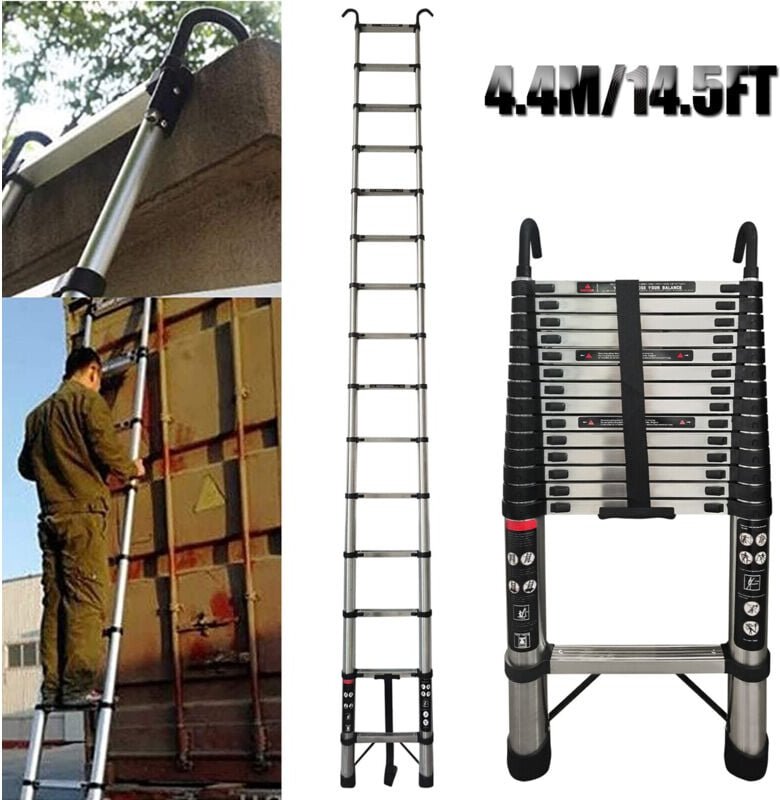 4,4M Teleskopleiter mit Haken Teleskop-Design, aus hochwertigem Edelstahl EN131