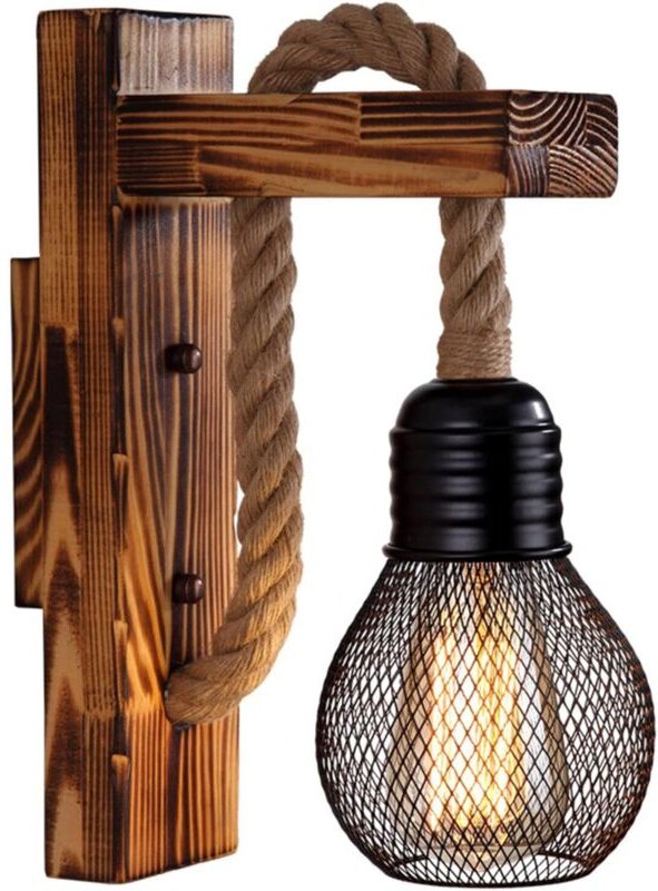 Rustikale Wandleuchte aus Holz, Vintage-Retro-Wandlampe, schwarzer Metallkäfigschirm, E27-Fassung, Wandleuchte aus Holz ...
