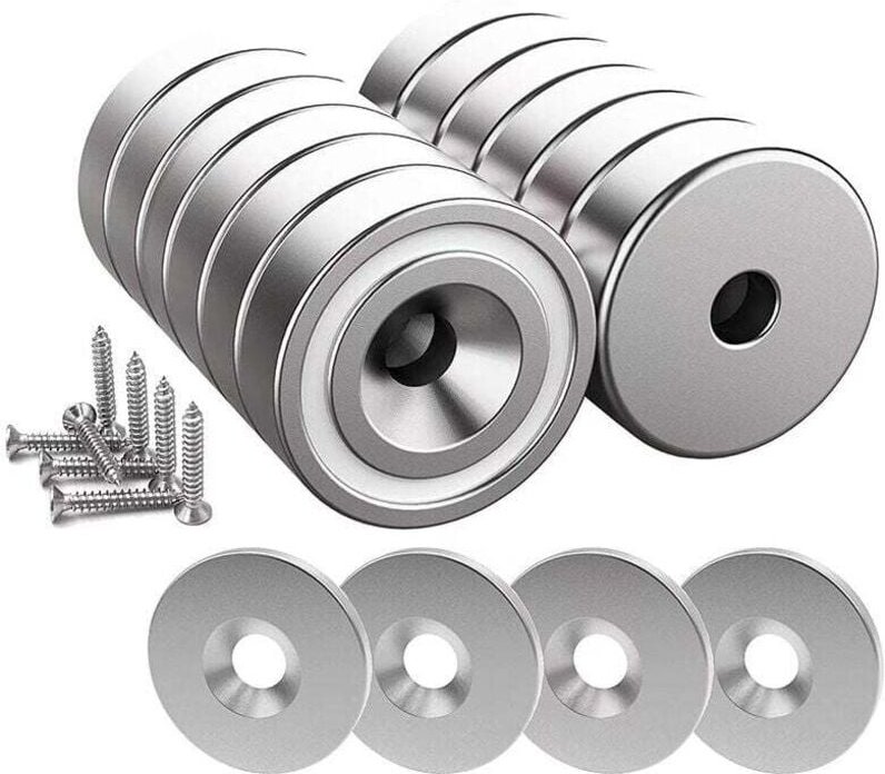 12 Stück Neodym-Magnete, 10 kg Kraft, 20 x 7 mm mit Loch und Kapsel, Senkkopf-Topfmagnet mit Schraube und 12 Stahlpads (...