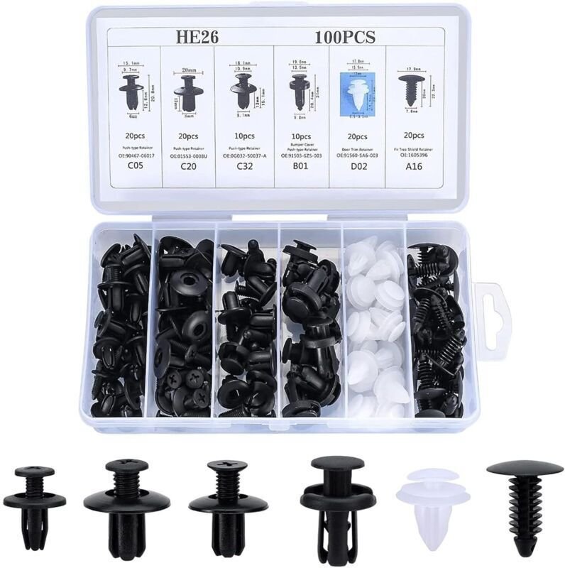 100 universelle Autoclips, 6 Größen von Befestigungsclips, Kunststoffnieten, Karosserieclips für Stoßstangen und Türen, ...