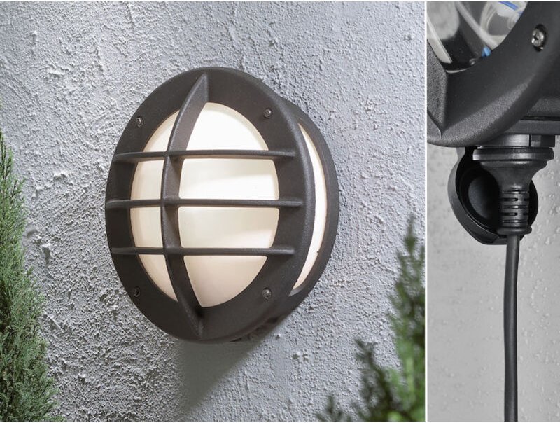 Konstsmide - Außenwandleuchte oden mit Steckdose, Alu schwarz & Acrylglas Weiß ø 31cm