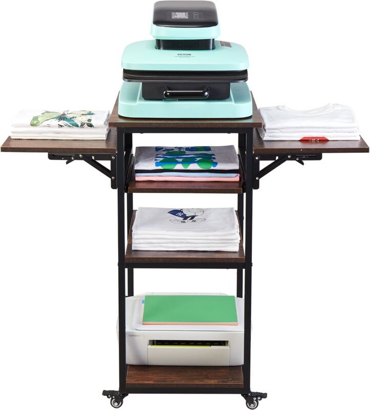 Wärmepressentisch mit Ladestation, 4-stufiger beweglicher Wärmepressenständer, faltbarer Druckerständer mit Rädern, roll...
