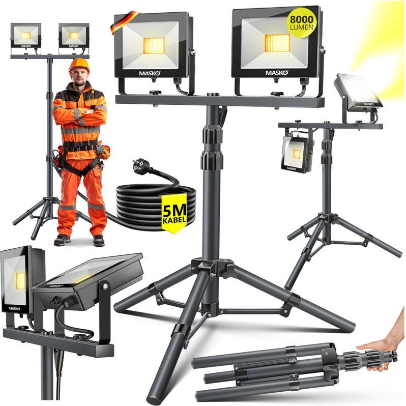 MASKO® LED Baustrahler mit Stativ Fernbedienung 100W Doppel 2x 50W Strahler 6500K Arbeitsleuchte Arbeitsscheinwerfer 5m ...