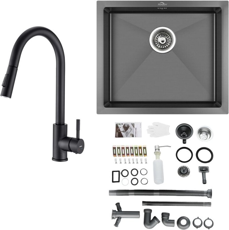 Edelstahl Küchenspüle 50 x 43 cm Einbauspüle für ab 60 cm Unterschrank, Dunkelgrau + Hochdruck Schwarz Küchenarmatur