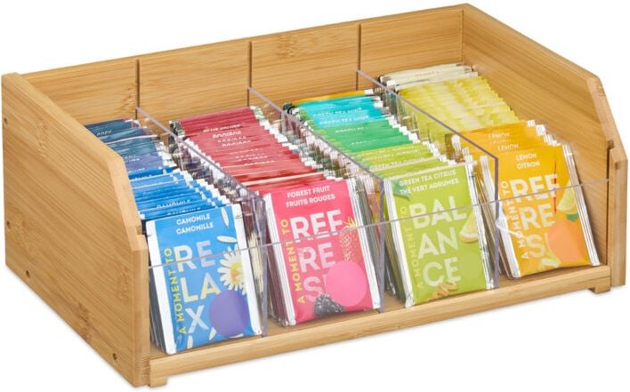 Thumbnail - Relaxdays - Tee Organizer, 4 Fächer, Bambus, hbt: 12x31x19 cm, Tee & Kaffeepads, Teebeutelbehälter mit Trennwänden, natu...