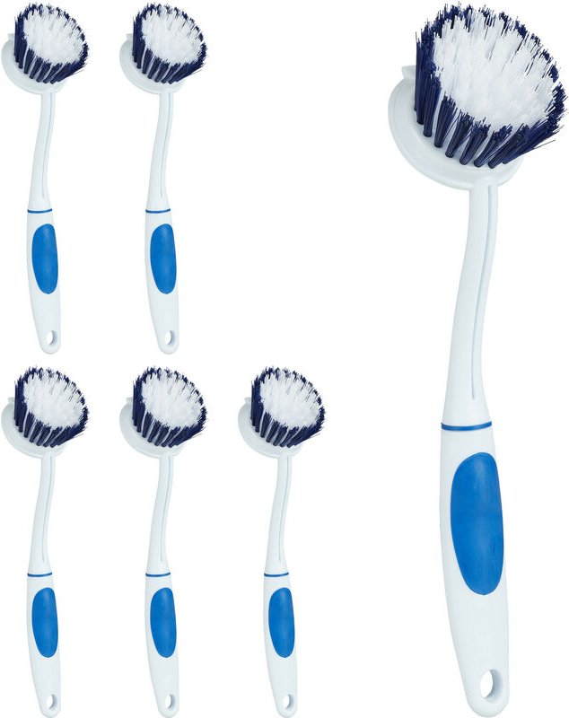 Relaxdays Spülbürste 6er Set, mittelharte Borsten, Griff gummiert, Kunststoff Küchenbürste, zum Aufhängen, weiß/blau