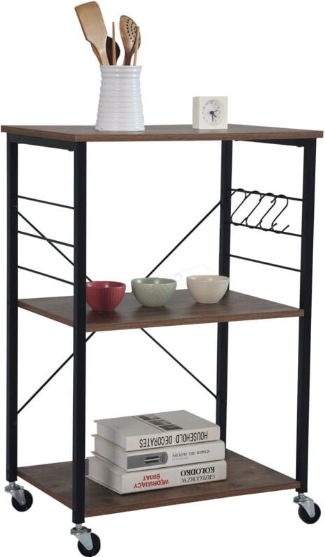 Relaxdays Rollwagen, 3 Ablagen, S-Haken, Küche & Wohnzimmer, HBT: 89x60x40 cm, Beistellwagen mit Rollen, braun/schwarz