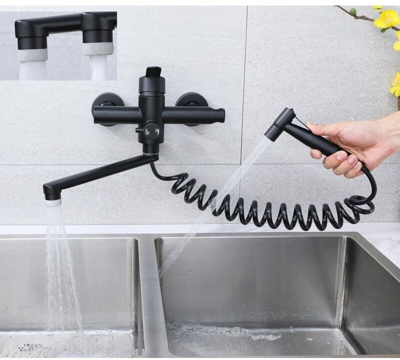 Wandmontierte Küchenarmatur mit Brausepistole, 360° schwenkbar, 23 cm langer Schwenkschlauch, Warm- und Kaltwasser, 4 Be...