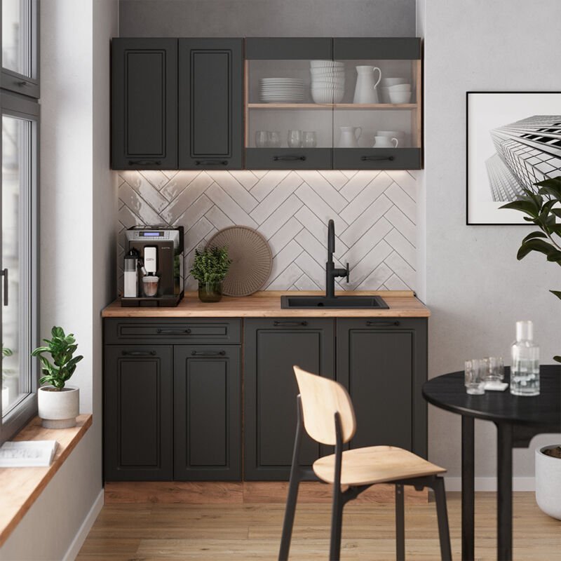 Vicco - Singleküche R-Line, Anthrazit Landhaus/Goldkraft Eiche, 140 cm ohne Arbeitsplatte