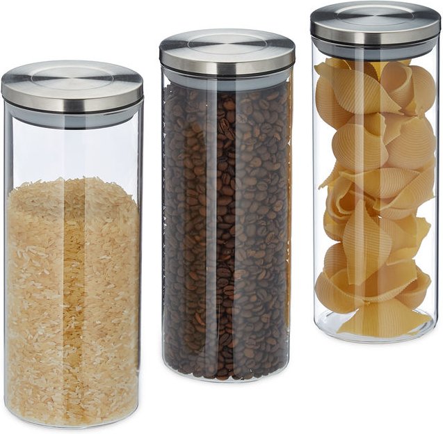 Vorratsglas 3er Set, luftdicht, Edelstahl Deckel, für Pasta, Müsli & Reis, 1,5 l Küchenbehälter, transparent - Relaxdays