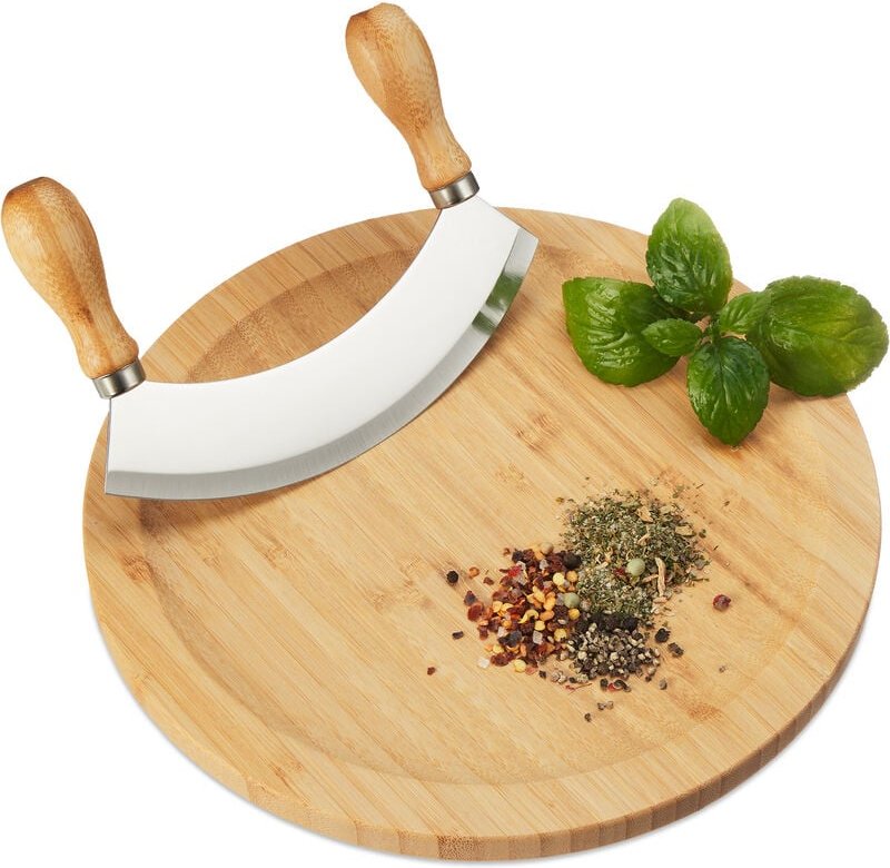 Relaxdays - Wiegemesser mit Brett, Bambus & Edelstahl, einschneidiges Kräutermesser, Kräuterbrett ø 25 cm, natur/silber
