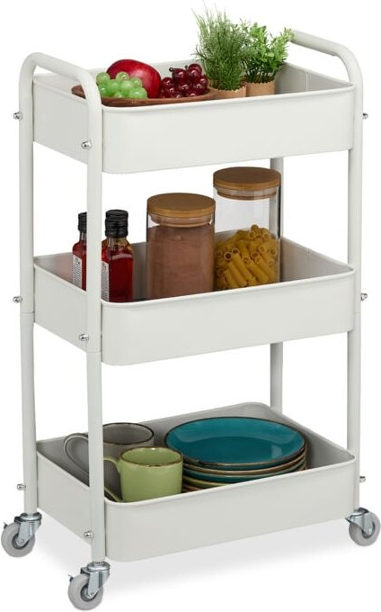 Relaxdays Rollwagen, 3 Etagen, Servierwagen, Küchenwagen Bad & Büro, Rollregal, 71,5x43,5x29,5 cm, Bastelwagen, weiß