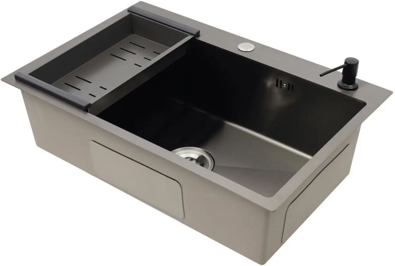 Schwarze Küchenspüle 68 x 45 cm, Edelstahl-Küchenspüle, Einbau-Arbeitsplattenspüle mit Siebkorb und Seifenspender