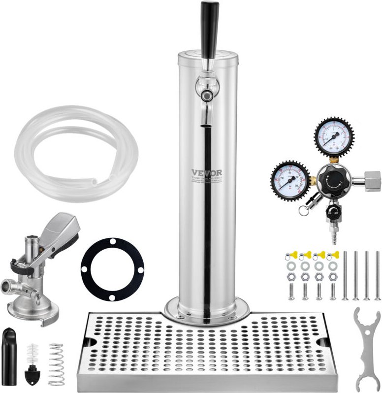 Vevor Kegerator-Turm-Kit, Einzelzapfhahn-Bierumrüstsatz, Edelstahl-Fass-Bierturm-Zapfanlage mit Doppelmessgerät W21.8-Re...