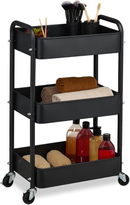 Rollwagen, 3 Etagen, Servierwagen, Küchenwagen Bad & Büro, Rollregal, 71,5x43,5x29,5 cm, Bastelwagen, schwarz - Relaxday...