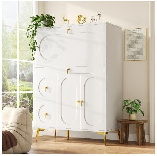 Küchen-Sideboard, Vorratsschrank mit Falttüren und vielen Stauräumen, für Küche, Esszimmer und Wohnzimmer, weiß, 100×50×...