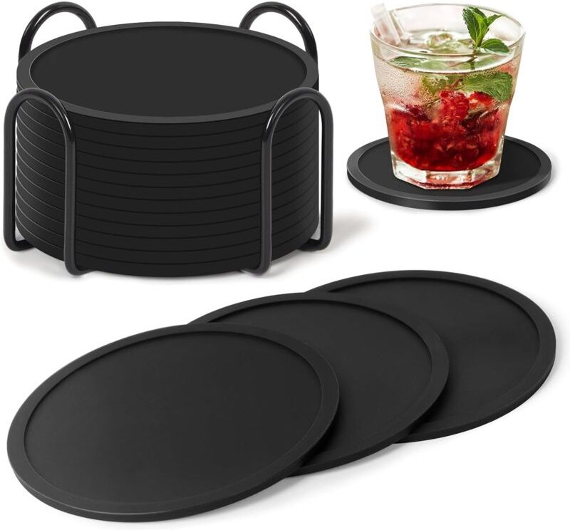 Set mit 12 runden, rutschfesten und isolierenden Silikonuntersetzern, schwarz, mit Aufbewahrungshaltern, geeignet für al...