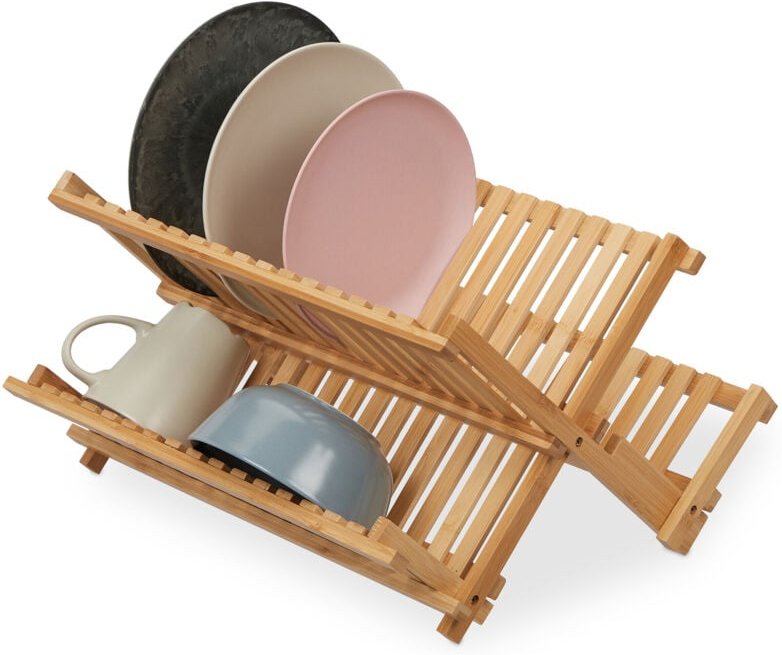 Abtropfgestell klappbar, 2 Ebenen, Geschirrtrockner für Teller, Tassen, Schalen, Bambus, Abtropfgitter, natur - Relaxday...